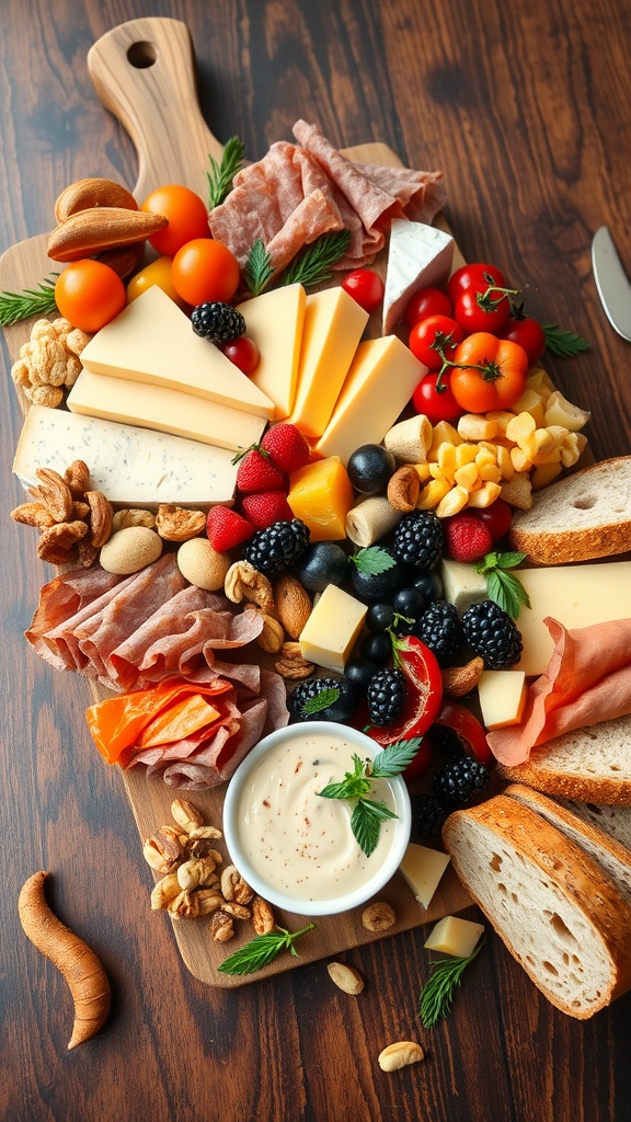 A colorful dinner board featuring cheeses, meats, fruits, nuts, and dips on a wooden platter.
